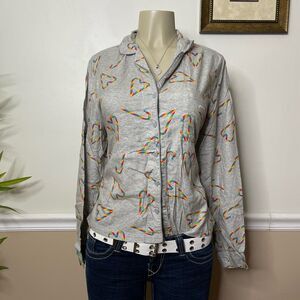 Victoria Secret PINK Flannel Heart Candy Canes Sleep Button-Down Top